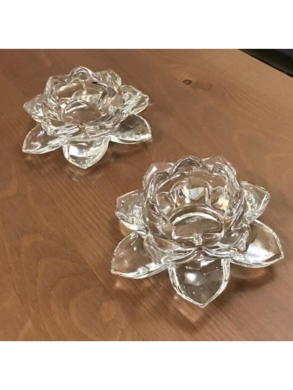 Stunning set of two glass lotus tealight candle holders
